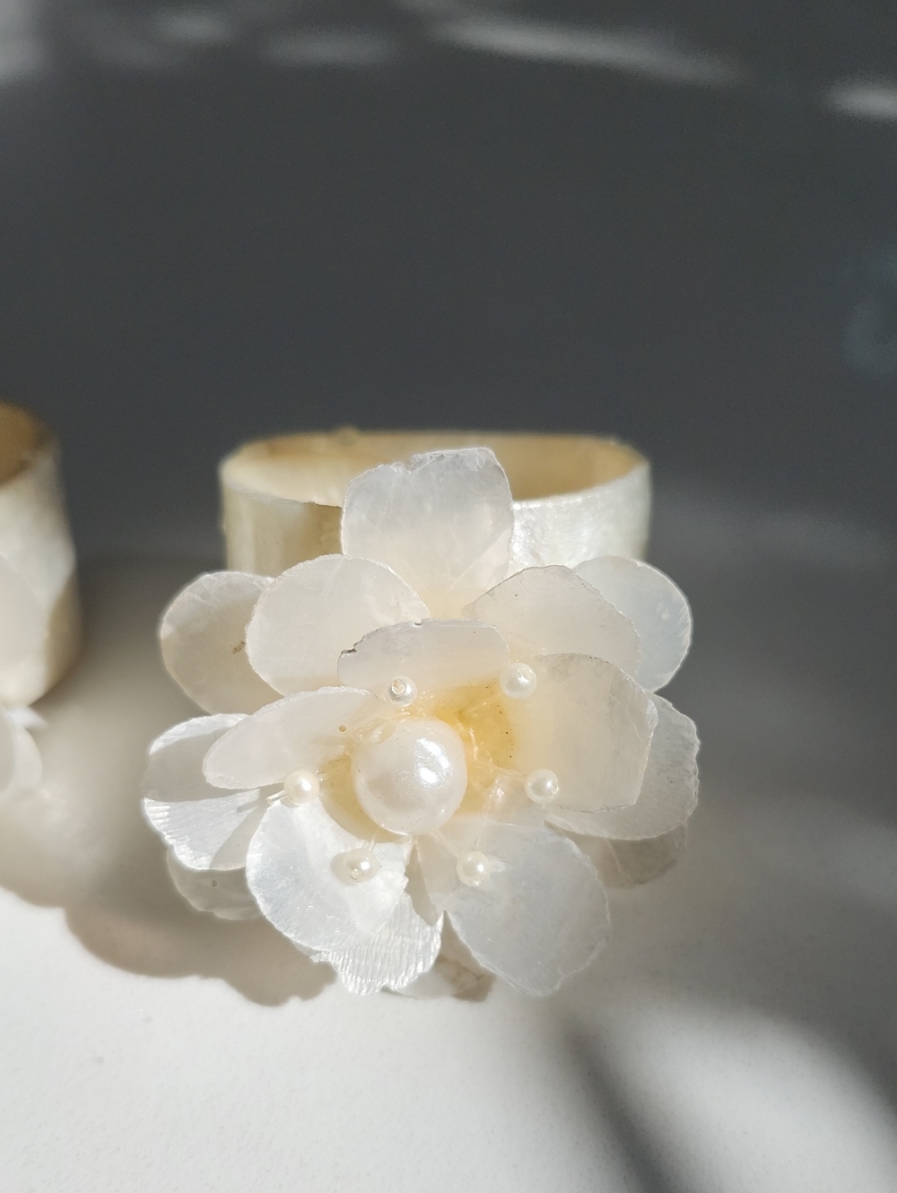 Vintage White Floral Pearl Napkin Rings - Set Of 6